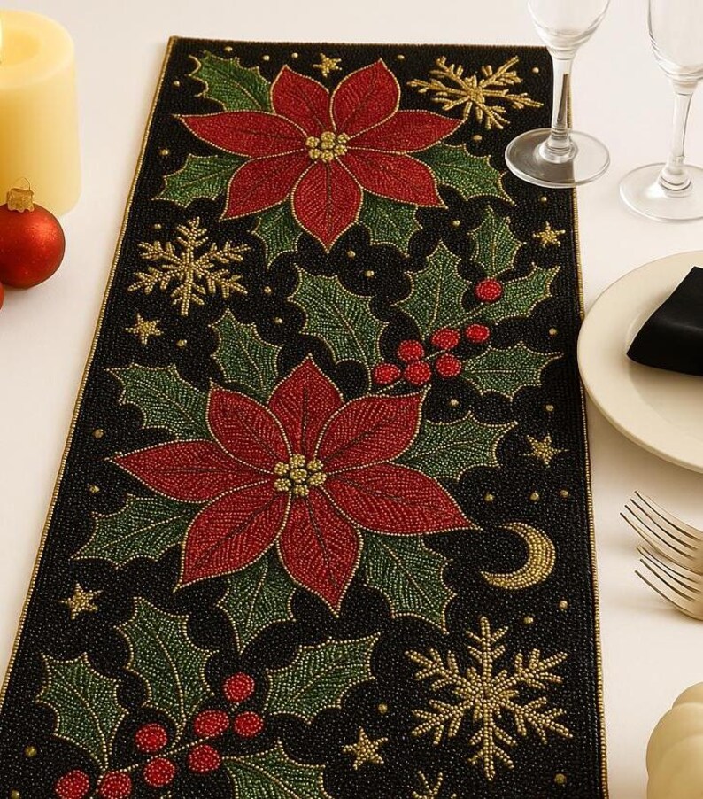 Christmas Beaded Table Runner 13x36 | Black Poinsettia Beaded Runner ...