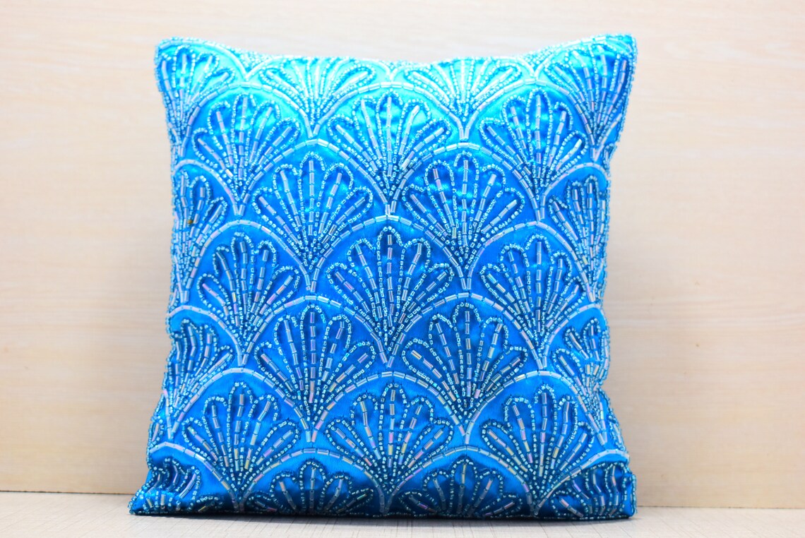 Sky Blue Beaded Throw Pillow Cover Luxury Contemporary Modern Etsy