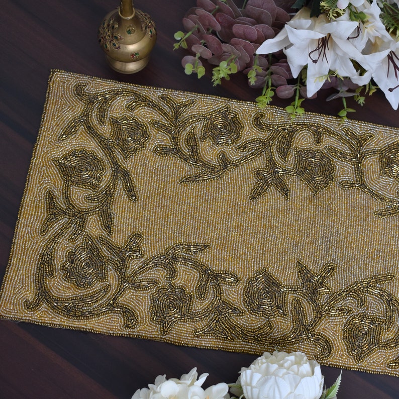 Handmade Bead Table Runner, Gold Table Mat, Hand Beaded Runner ...