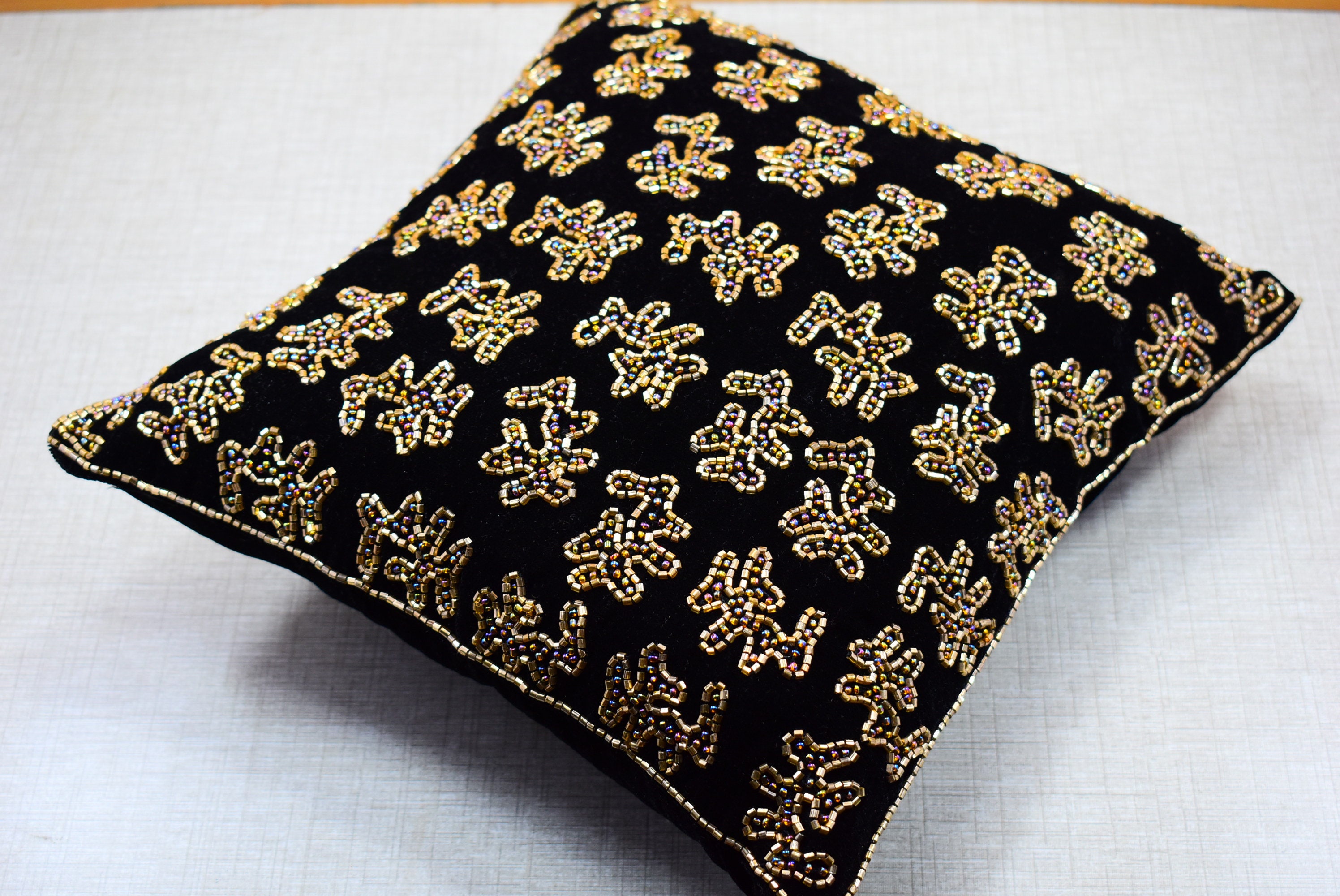 Black Golden Beaded Throw Pillow Cover Luxury Contemporary Etsy