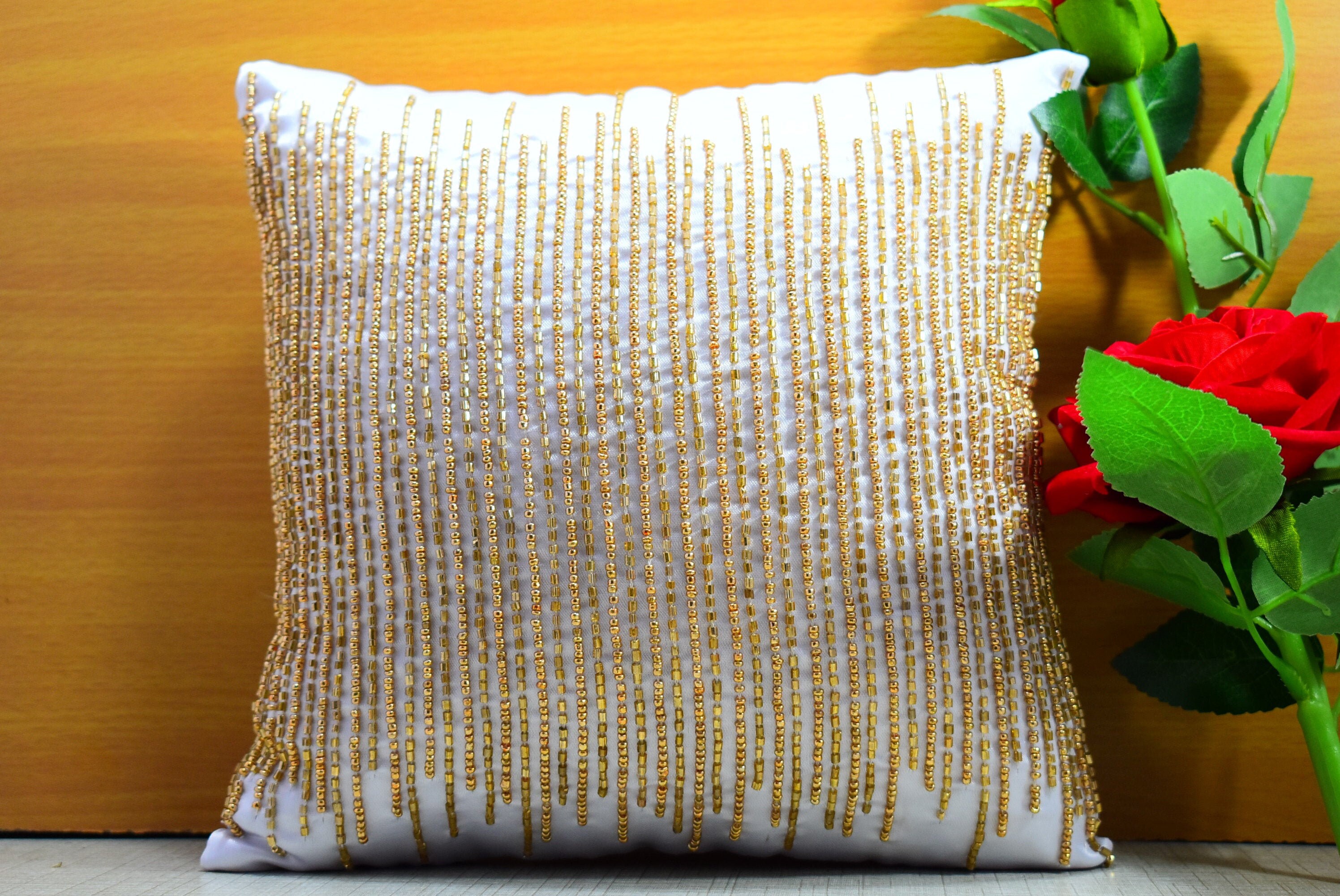 White Golden Beaded Throw Pillow Cover Luxury Contemporary Etsy