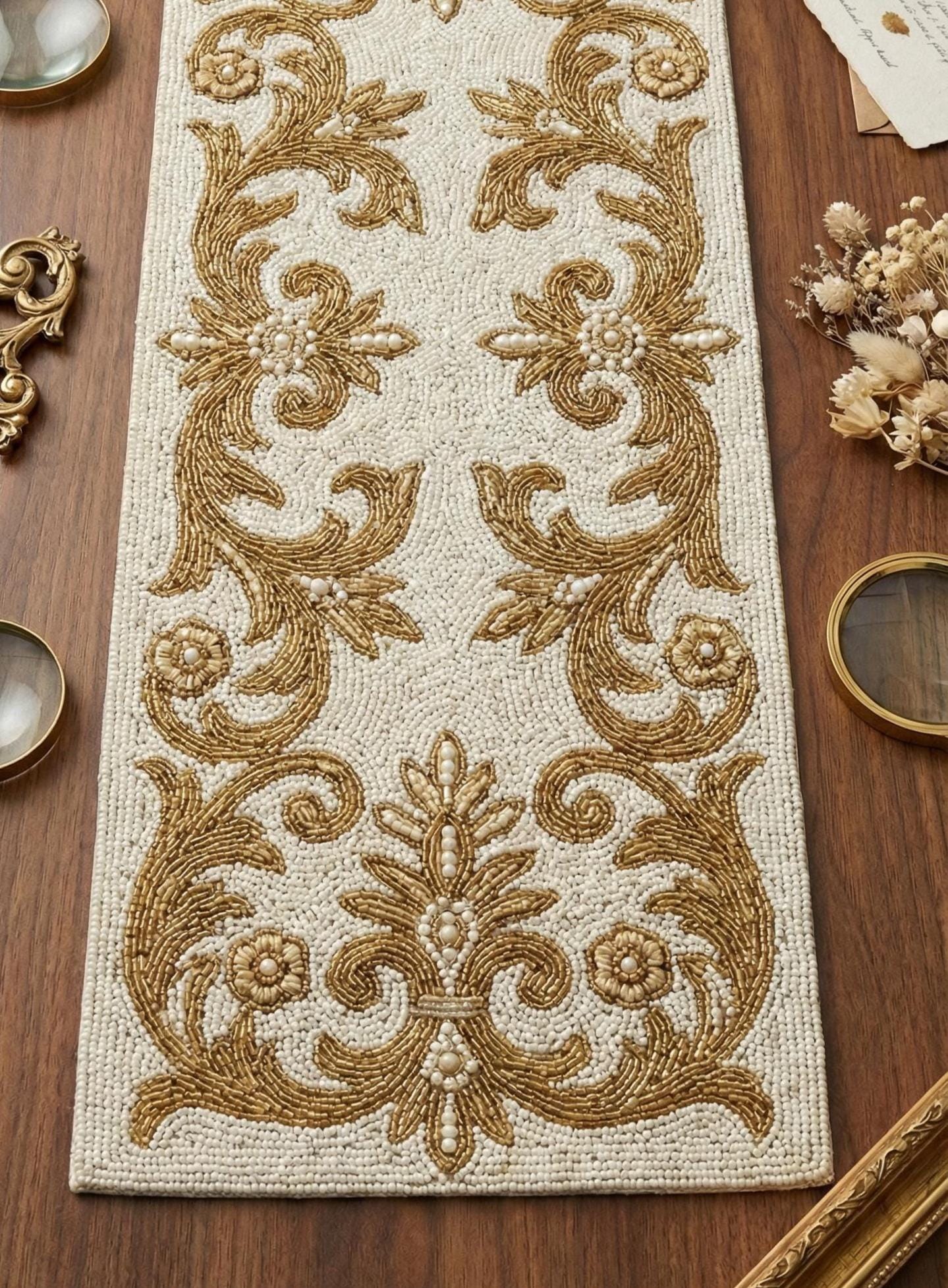 ALL SIZES Elegant Gold and Ivory Hand-beaded Table Runner - 13x36 ...