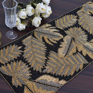 Handmade Bead table runner, Black gold leaves luxury beaded mat, hand beaded runner, 13x36 inch long table runner Gift