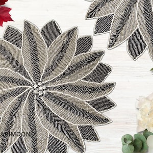 Luxury handmade beaded placemat, beaded charger, beaded table mat, gray floral centrepiece, gift for her, embroidered