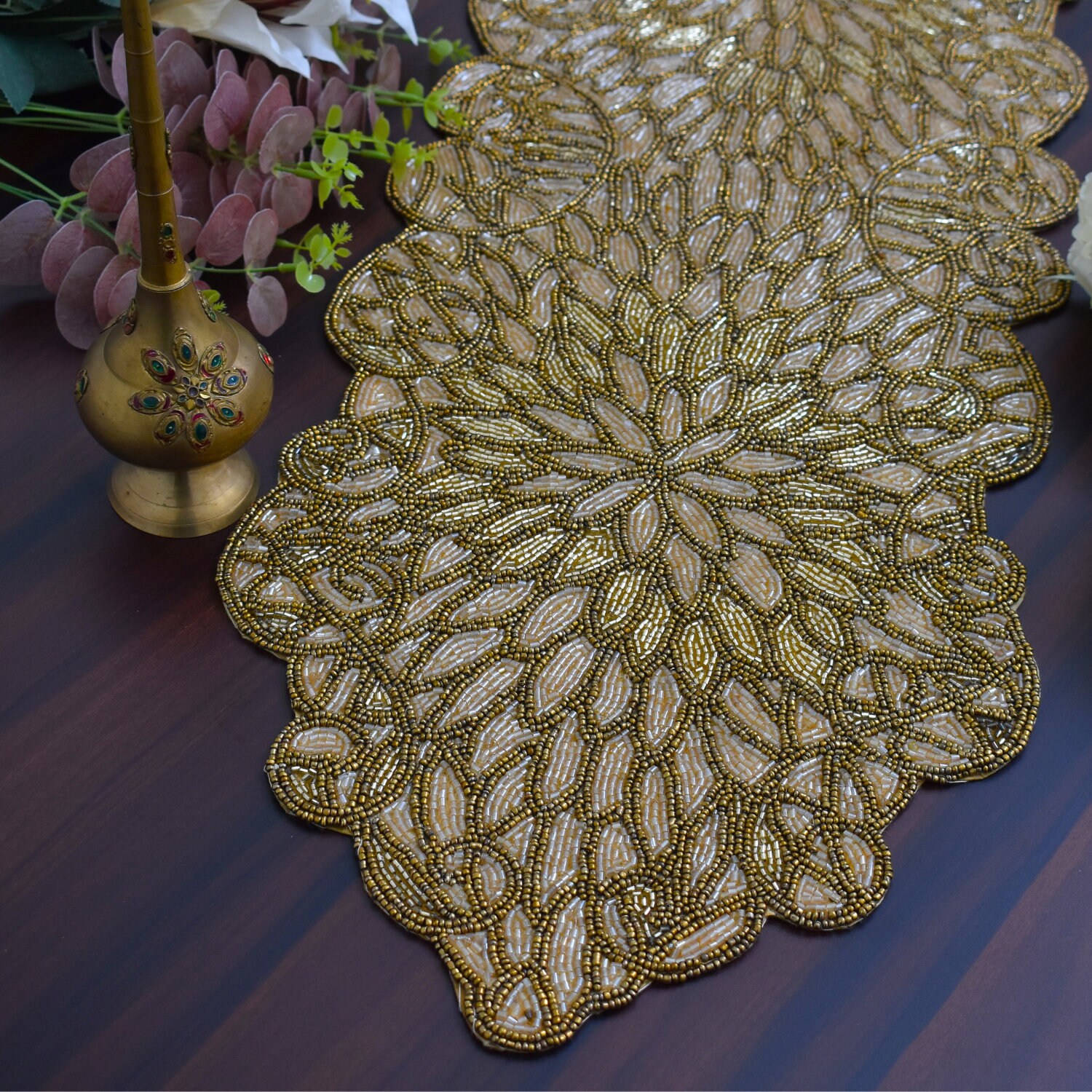 Handmade Bead Table Runner, Gold Table Mat, Hand Beaded Runner ...