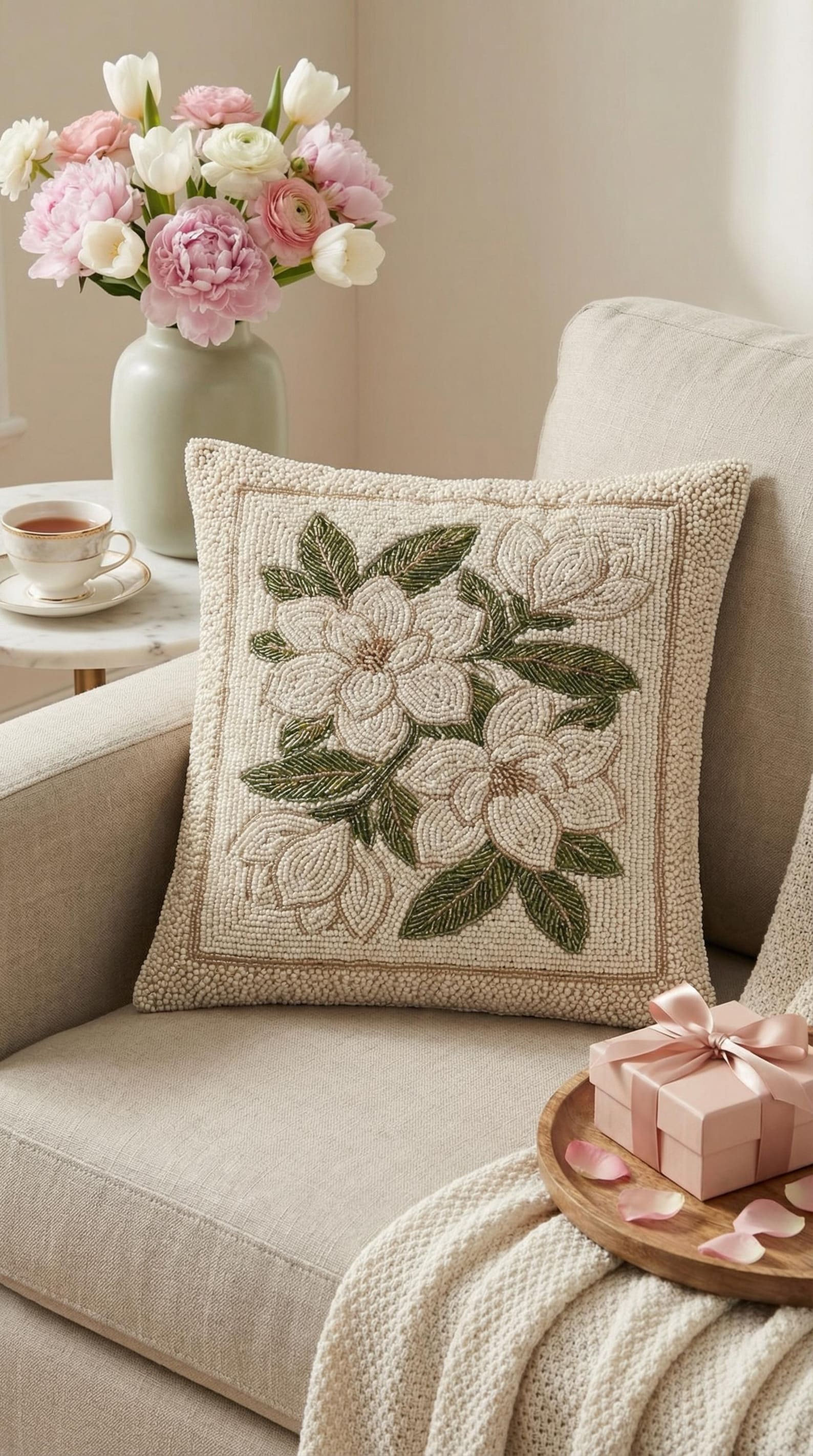 ALL SIZES Magnolia Floral Hand-beaded Decorative Pillow - Cream, Green ...