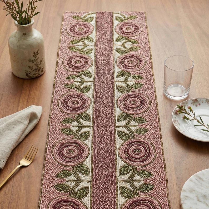 ALL SIZES Handmade Pink and Sage Green Floral Beaded Table Runner ...