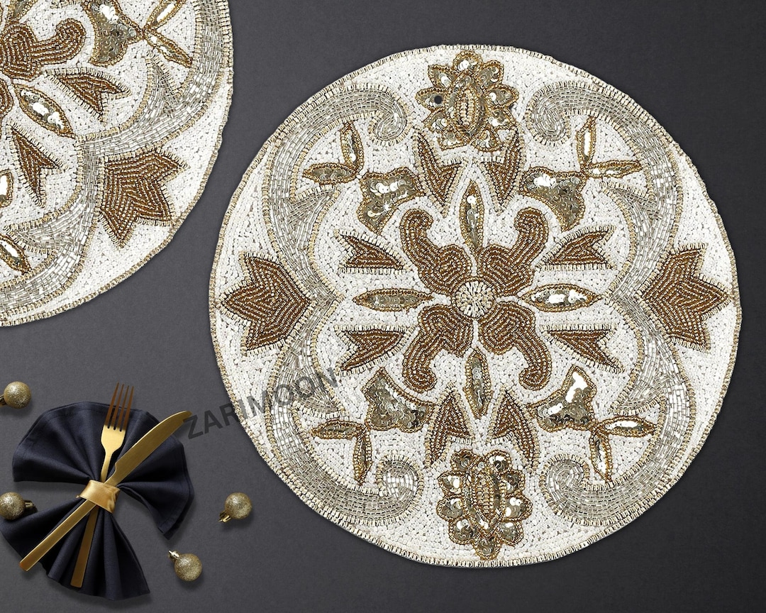 White Gold Handmade Beaded Placemat, Beaded Charger, Beaded Table Mat