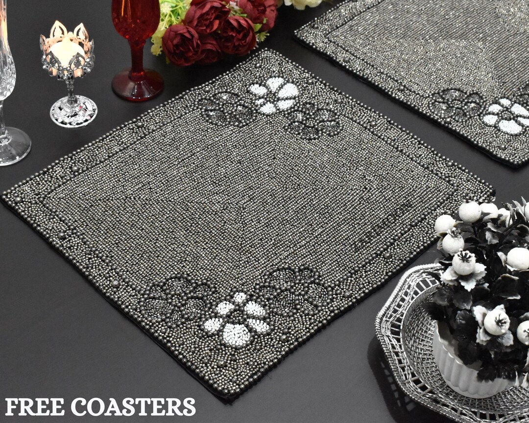 Handmade Beaded Placemat, Beaded Charger, Beaded Table Mat, Grey and White Centrepiece, Gift for