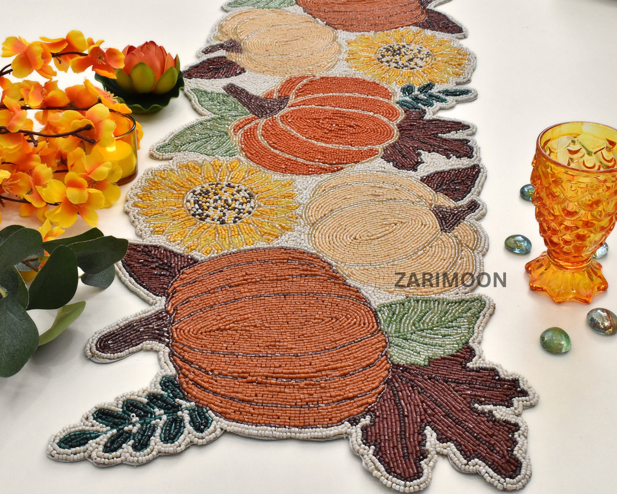 Handmade Bead Table Runner and Placemat, Fall Runner, Pumpkin Halloween ...