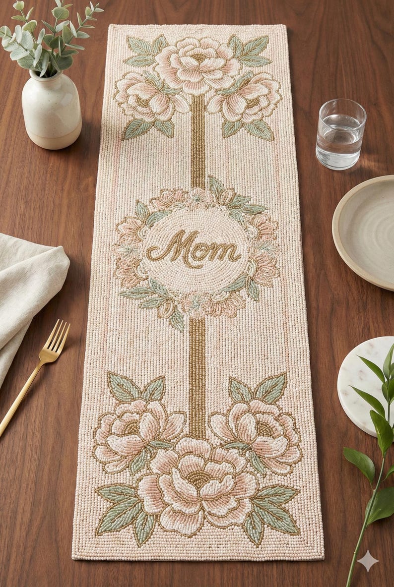 ALL SIZES Handmade Pink and Gold "mom" Beaded Table Runner - Floral ...