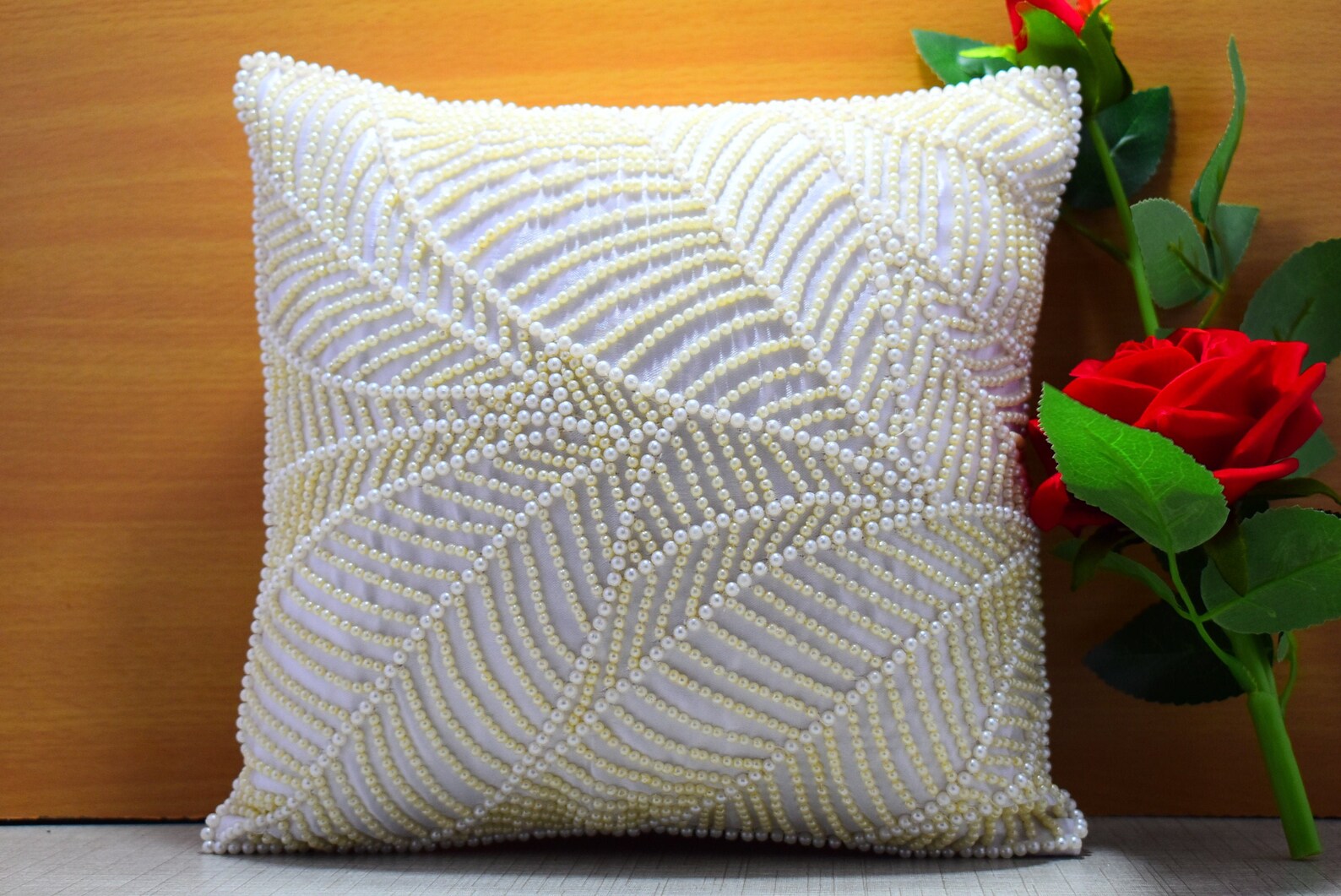 White Beaded Throw Pillow Cover Luxury Pearl Contemporary Etsy