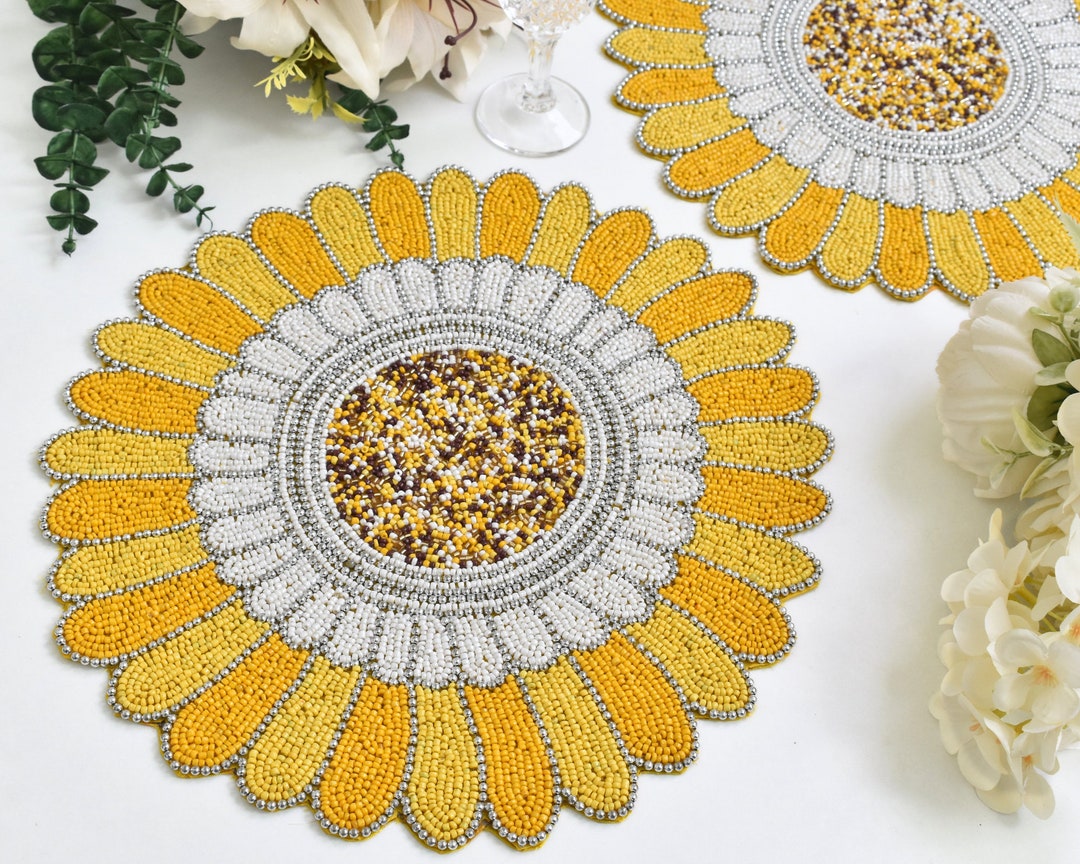 Sunflower Handmade Beaded Placemat, Yellow Spring Tablemat, 14 Inch ...