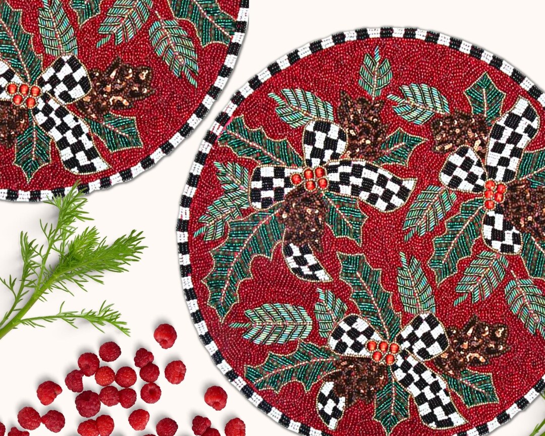 Christmas Bead Placemat, Floral Red Handmade Beaded Placemat, Table