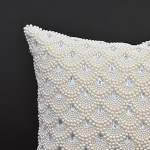 White Pearl Beaded Pillow Cover Luxury Contemporary Beaded Pillow Cover Hand Embroidered Embellished toss Custom Accent Personalised Gift image 7