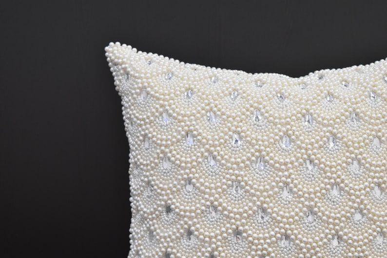 White Pearl Beaded Pillow Cover Luxury Contemporary Beaded Pillow Cover Hand Embroidered Embellished toss Custom Accent Personalised Gift image 7