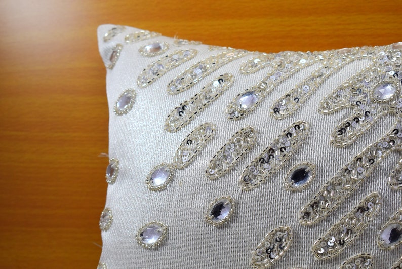 White Silver Crystal Beaded Throw Pillow Cover Luxury Etsy