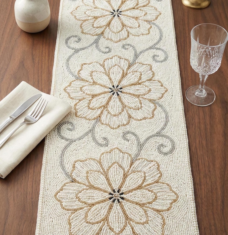 Luxurious Cream & Gold Floral Beaded Table Runner - Elegant Hand-beaded ...