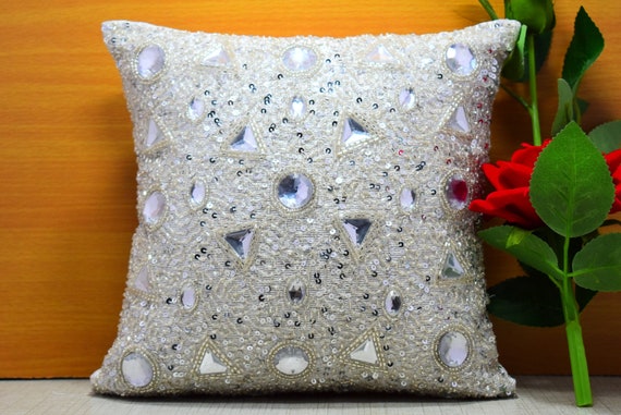 White Silver Shiny Crystal Beaded Throw Pillow Cover Luxury Contemporary Modern Toss Pillow Silk Embroidered Embellished Custom Personalized Etsy