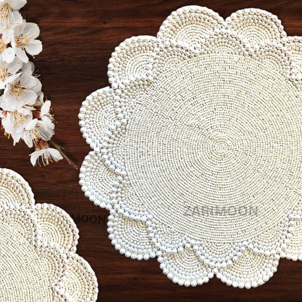Pearl white beaded placemat, luxury placemat, table mat, charger plate, gift for her, table decor, mothers day gift, home decoration