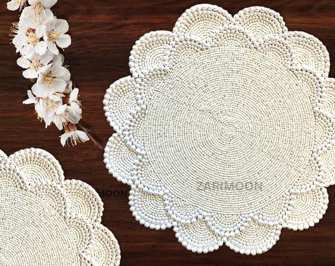 Pearl white beaded placemat, luxury placemat, table mat, charger plate, gift for her, table decor, mothers day gift, home decoration Gift