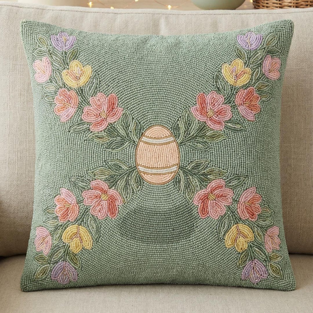 ALL SIZES Beaded Easter Egg & Floral Spring Throw Pillow - Sage Green ...