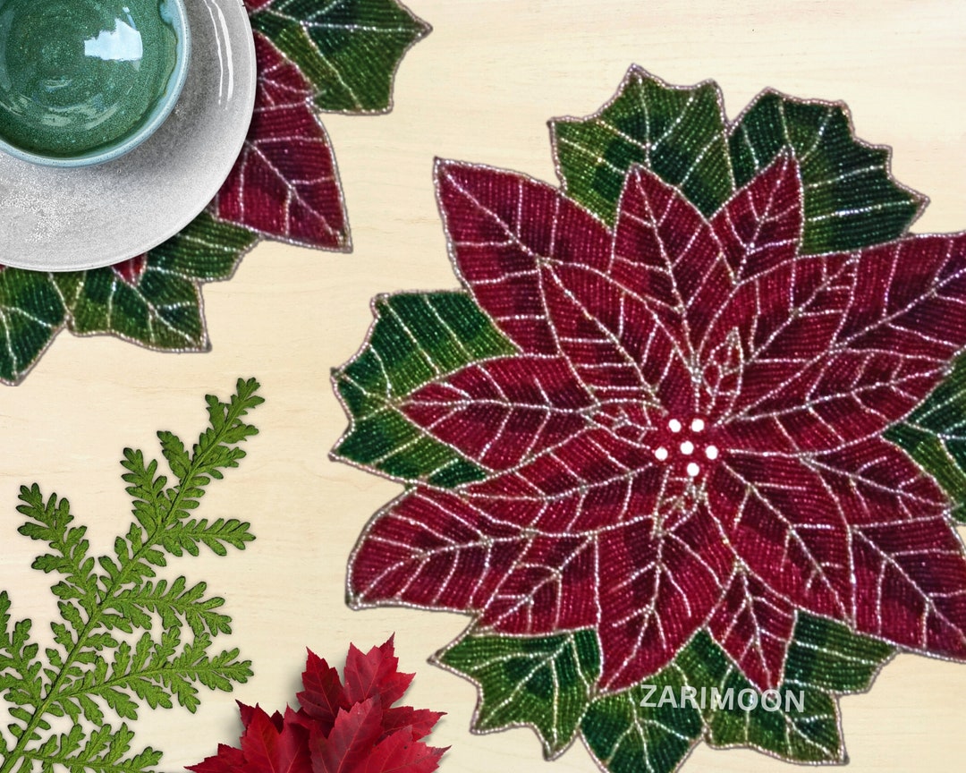 Christmas Bead Placemat, Floral Red Handmade Beaded Placemat, Table