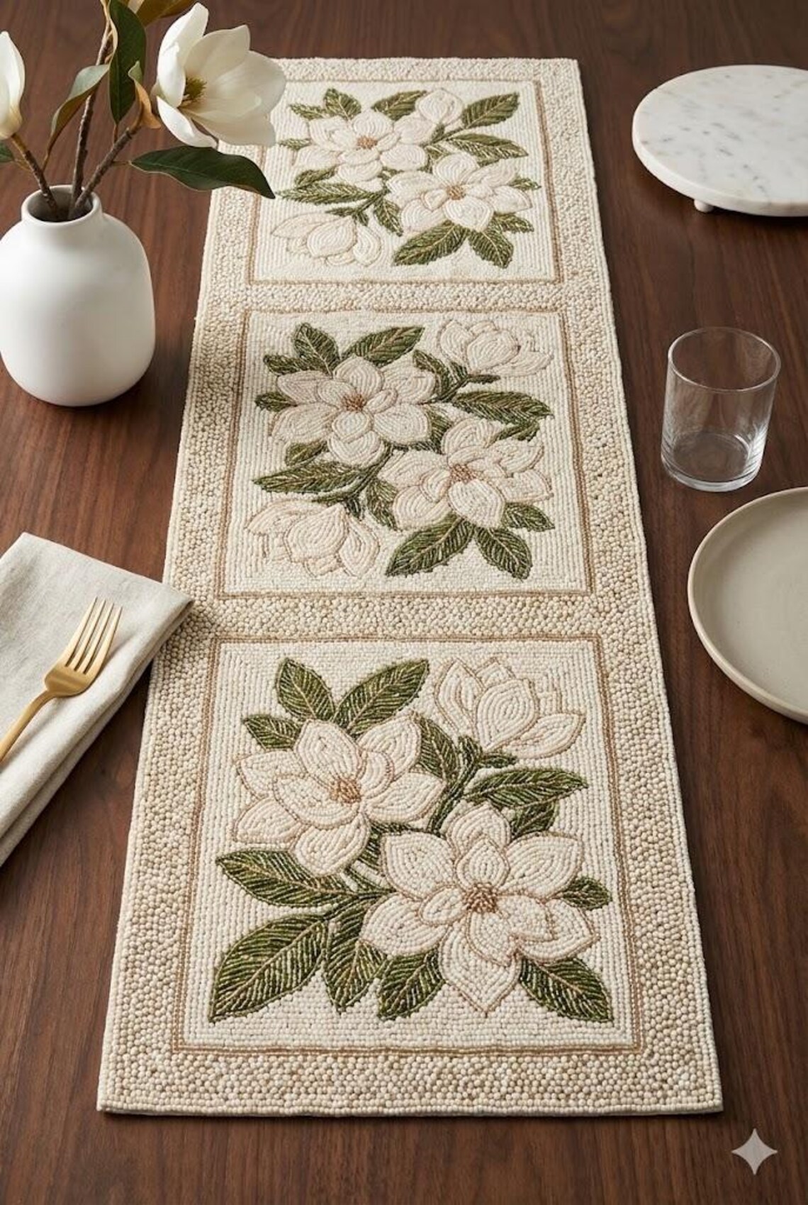 ALL SIZES Handmade Cream and Green Magnolia Floral Beaded Table Runner ...