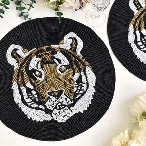 handmade beaded placemat, lion head beaded charger, black gold beaded table mat, centrepiece, gift for her, embroidered