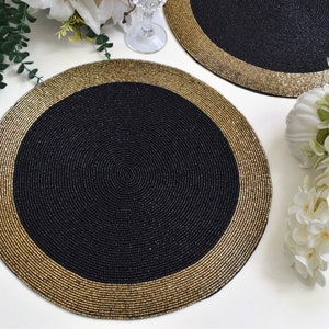 Christmas handmade beaded placemat, table decoration mat, black Gold table mat, gift for her, table topper home décor gift, beaded mat Gift