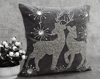 ALL SIZES Grey Silver Beaded Pillow Cover Christmas Velvet Handmade Luxury Contemporary Beaded Embroidered Embellished Custom Accent Cushion Etsy