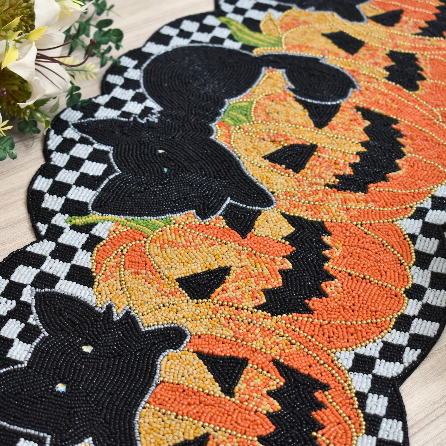 ALL SIZES Handmade Beaded Halloween Table Runner: Pumpkin & Black Cat ...