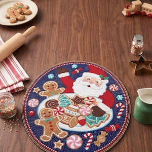 SET OF 2 Handmade Beaded Nutcracker Placemat 14x14 Inch Round, Festive Christmas Table Decor,