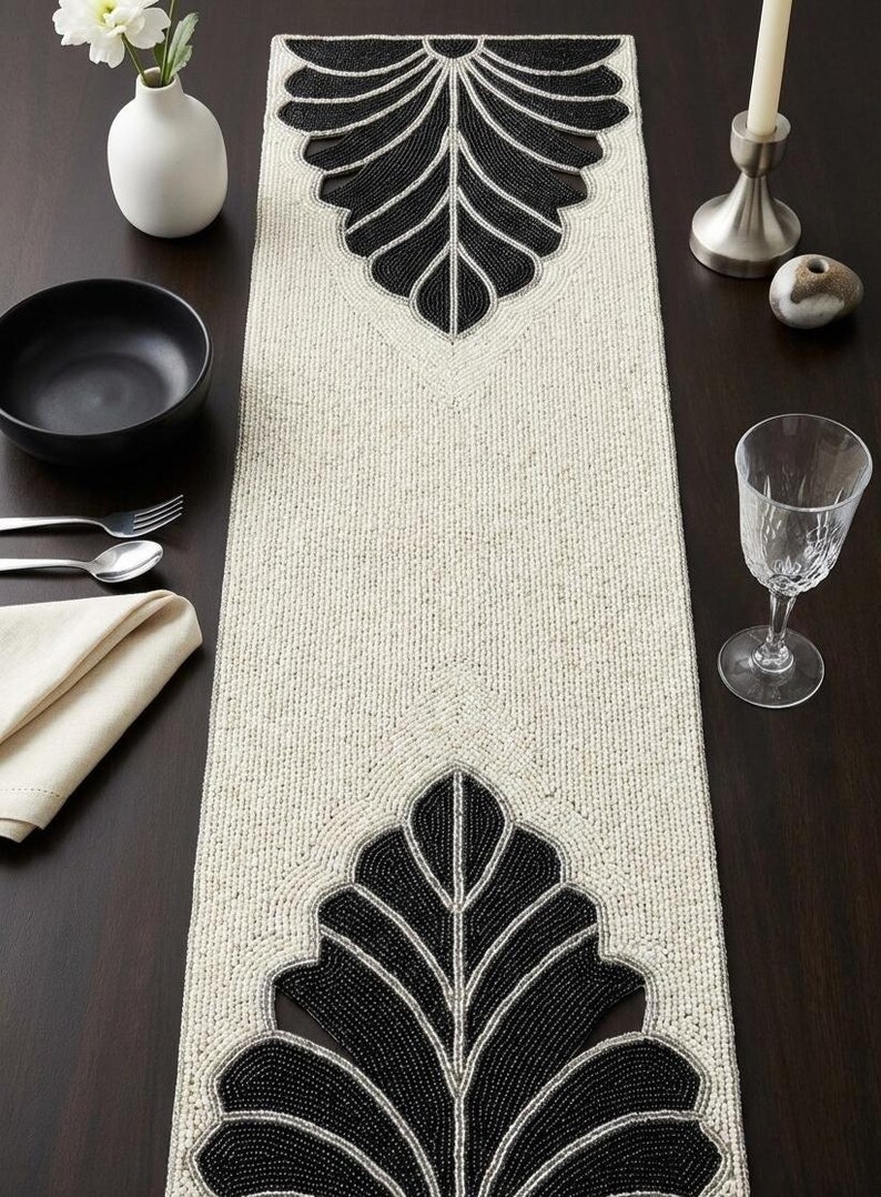 Art Deco Beaded Table Runner - Black & Ivory Scalloped Fan Design - Etsy
