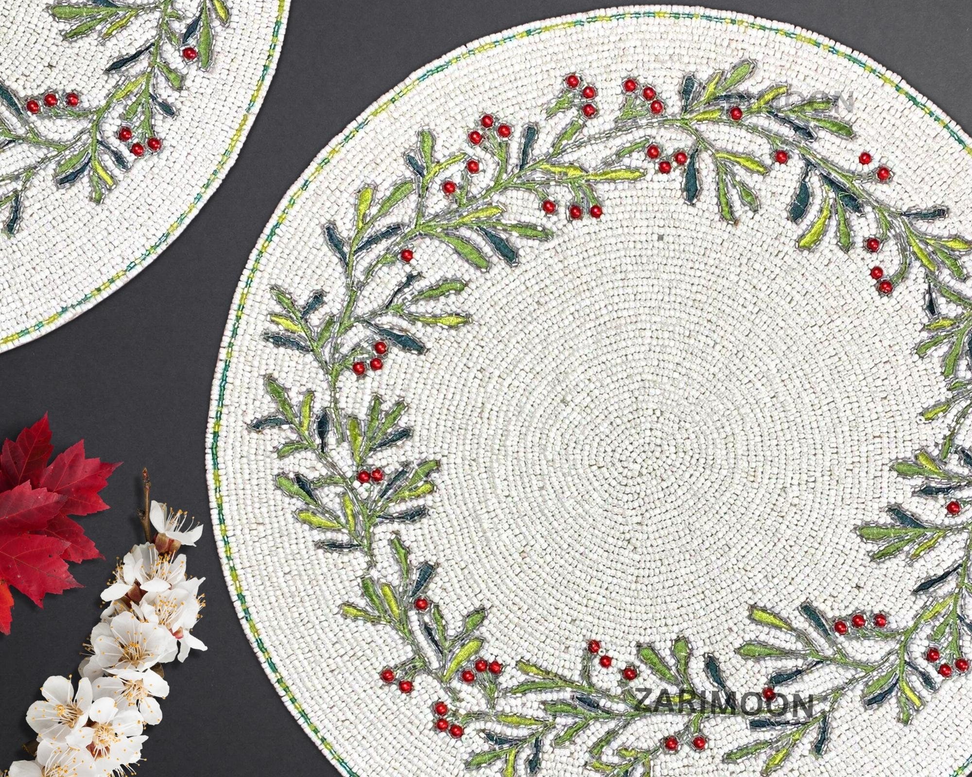 Christmas handmade beaded placemat, holly berry, white charger plate, table mat, 14 inch, table topper