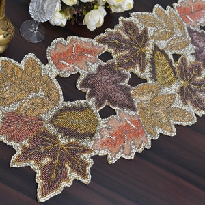 Handmade bead table runner, maple leaf beaded table runner, multicolor table mat 13x36inch fall runner