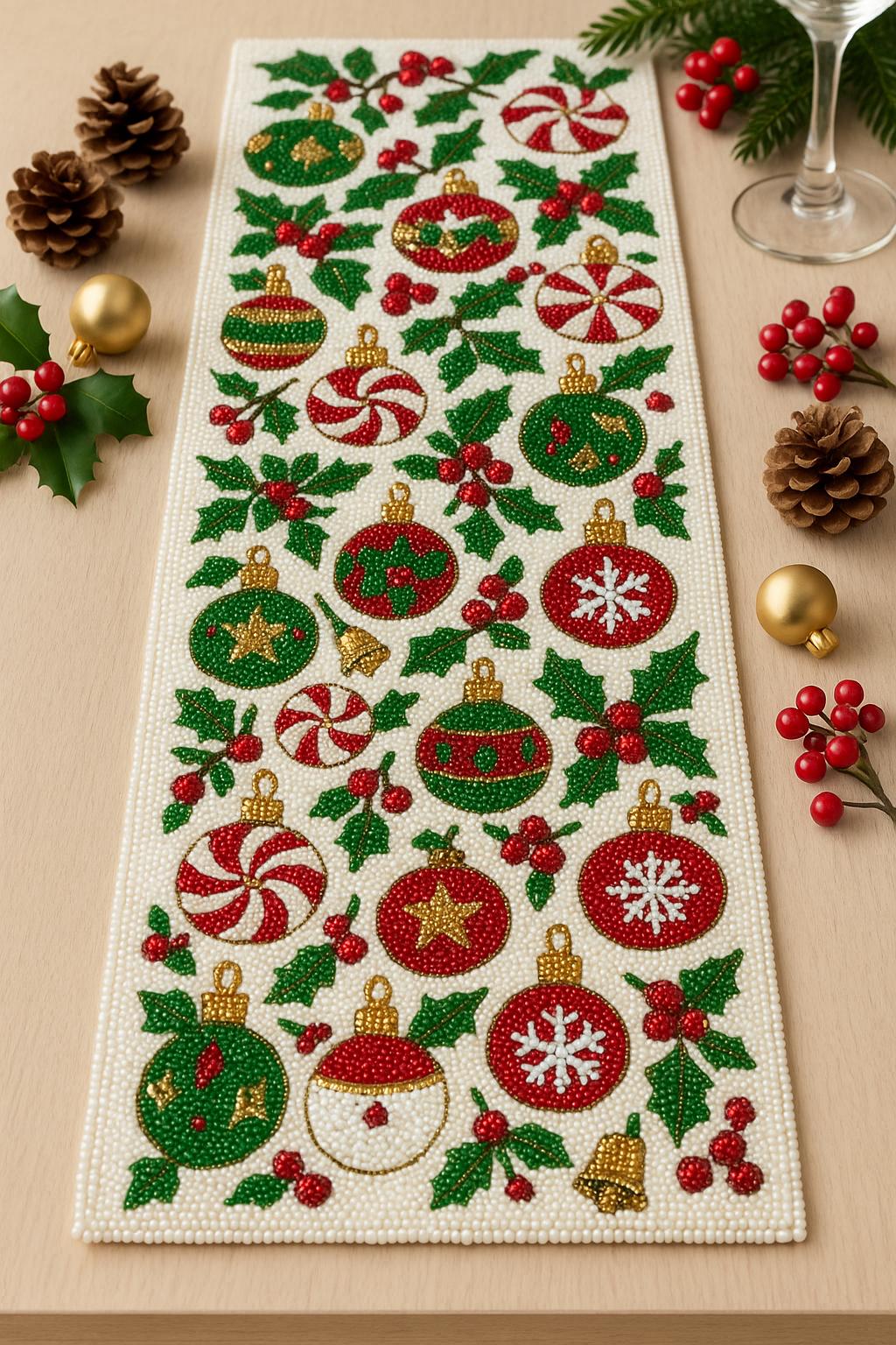 ALL SIZES Ivory Christmas Ornament Beaded Table Runner 13x36 – Handmade ...