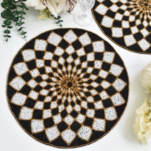 Christmas handmade beaded placemat, table decoration mat, black white Gold table mat, gift for her, table topper home décor gift, beaded mat