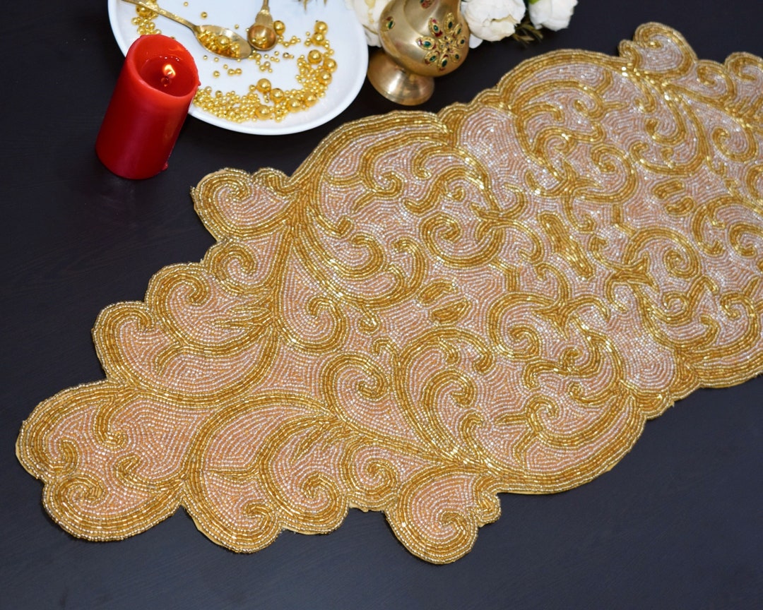 Handmade Bead Table Runner Gold and Peach Hand Beaded Etsy