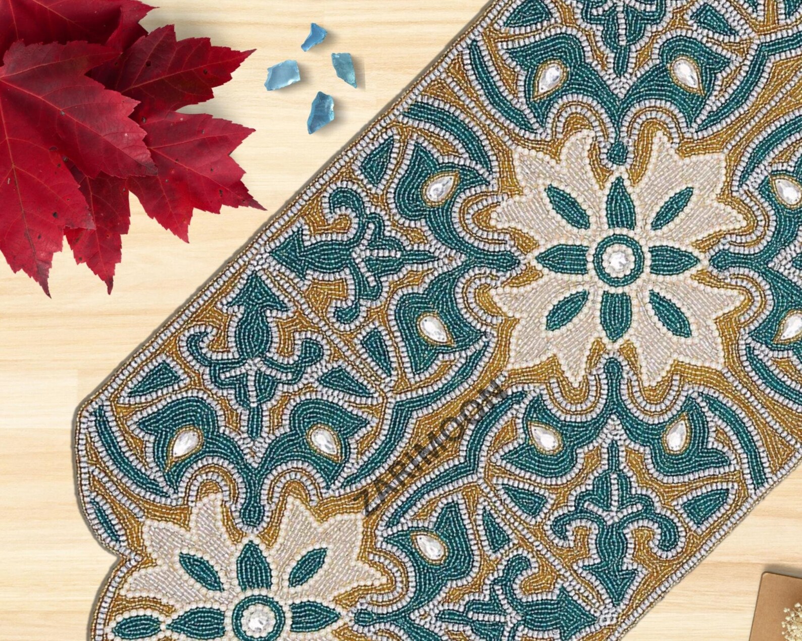 Handmade Table Runner, Beaded Runner, Blue and Gold Table Mat Beaded ...