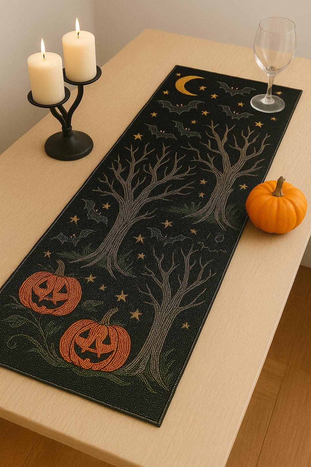 ALL SIZES Halloween Beaded Table Runner 13x36 | Handmade Pumpkin Bat ...