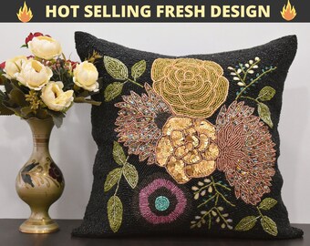 Black floral beaded throw pillow cover luxury contemporary modern pillow hand embroidered embellished custom personalised cushion cover Gift