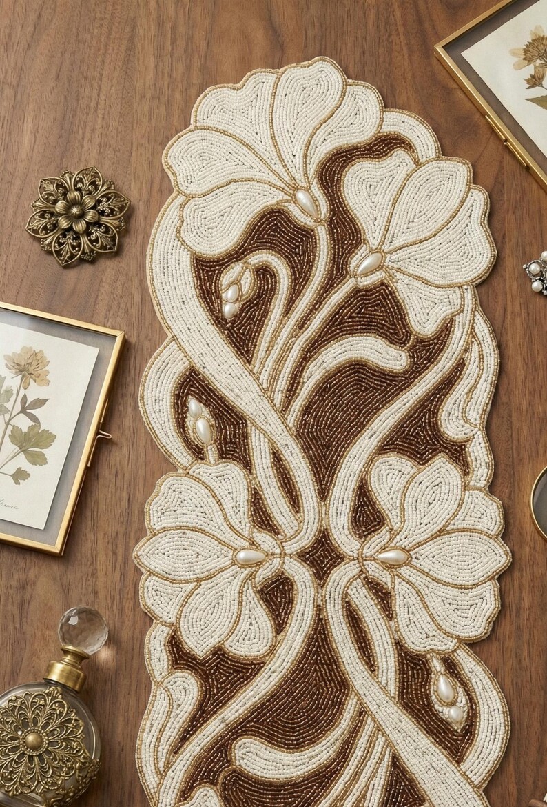 Art Nouveau Floral Beaded Table Runner - Cream & Gold Handmade 13x36 ...
