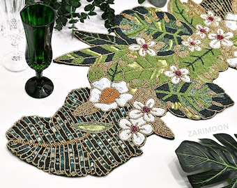Handmade table runner, green floral and leaf spring beaded table runner, table mat, beaded charger, 13x36inch table decore gift Gift