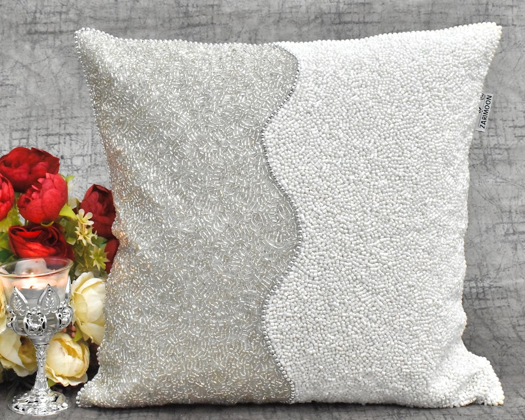 White Silver Beaded Throw Pillow Cover Luxury Contemporary Modern Toss