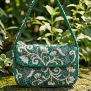 Beaded Hummingbird & Floral Green Shoulder Bag - Handcrafted Botanical Garden Party Purse with Magnetic Closure and Back Pocket