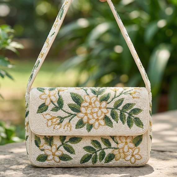 Ivory, Green and Gold Floral Beaded Handbag - Botanical Embroidery Summer Shoulder Bag
