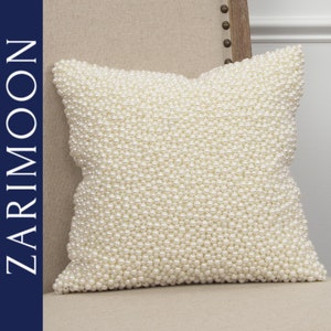 Copricuscino bianco perla con perline, lussuoso, contemporaneo, moderno, ricamato a mano, abbellito, personalizzato