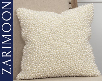 Pearl White Pillow Cover beaded Luxury Contemporary Modern Toss Pillow Cover Hand Embroidered Embellished Custom Accent Personalised Gift