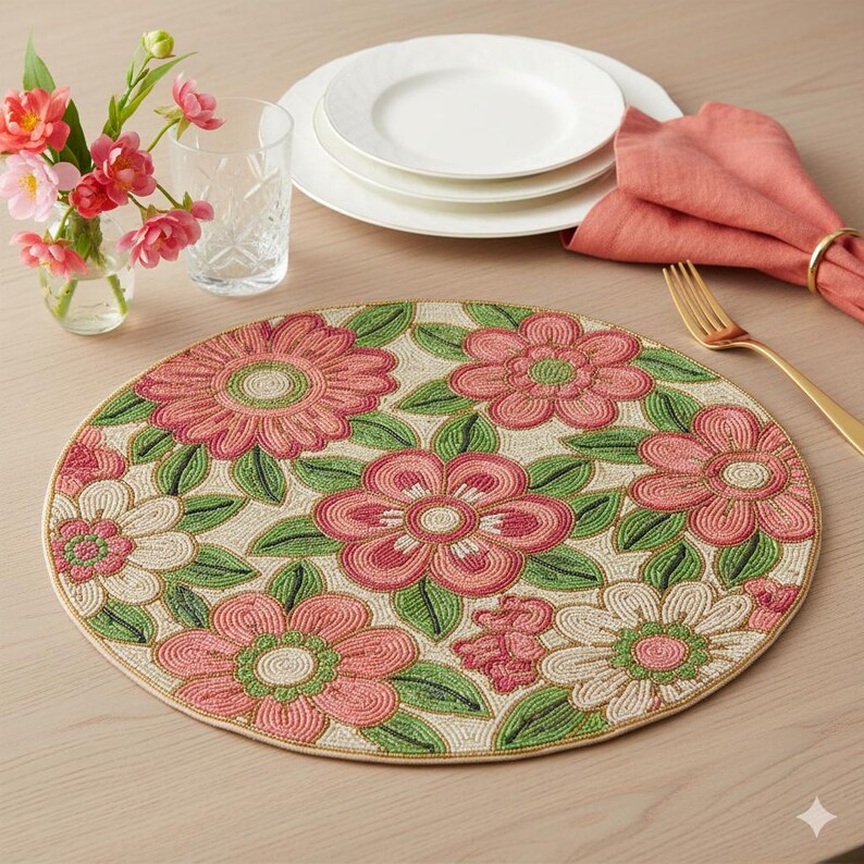 SET OF 2 Hand-beaded Pink Floral Round Placemat - Summer Bloom Table ...